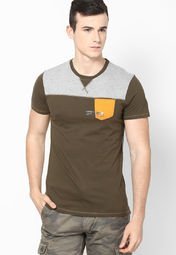 Celio Printed Olive Slim Fit Crew Neck T Shirt Men