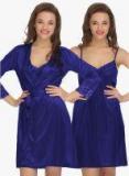 Clovia Blue Solid Nightdress With Robe Women