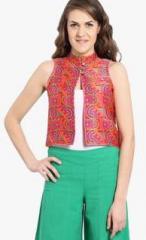 Desi Weaves Red Printed Nehru Jacket women