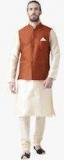 Deyann Cream Self Design Kurta Pyjama Set Men