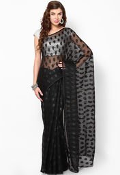 Diva Fashion Black Printed Net And Jacquard Saree Women