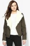 Dorothy Perkins Olive Solid Twill Biker Jacket Women