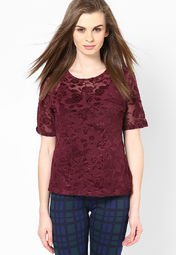 Dorothy Perkins Wine Flocked Mesh Tee Women