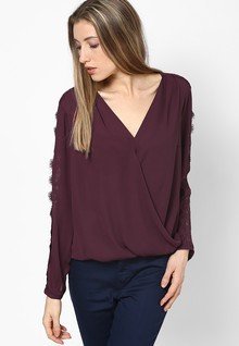 Dorothy Perkins Wine Lace Long Sleeve Wrap Top women