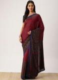 Drape Stories Maroon & Navy Blue Silk Blend Printed Saree