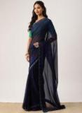 Drape Stories Navy Blue Printed Poly Georgette Saree Women