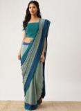 Drape Stories Teal Blue Printed Silk Blend Saree Women