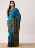 Drape Stories Teal Blue Printed Silk Blend Saree