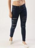 Dressberry Navy Blue Skinny Fit Mid Rise Mildly Distressed Stretchable Jeans Women