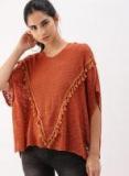 Dressberry Rust Orange Self Design Pullover Women