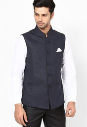 Earthy Hues Navy Blue Sleeveless Nehru Jacket Men