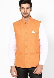 Earthy Hues Orange Sleeveless Nehru Jacket Men