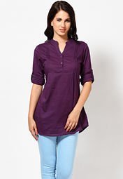 Entropy Roll Up Sleeve Mandarin Collar Solid Purple Cotton Tunic Women