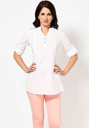 Entropy Roll Up Sleeve Mandarin Collar Solid White Cotton Tunic Women