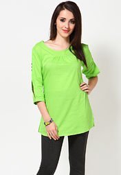 Entropy Roll Up Sleeve Round Neck Front Pleated Green Cotton Tunic Women