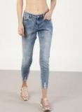 Ether Blue Regular Fit Mid Rise Low Distress Stretchable Cropped Jeans Women