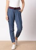 Ether Blue Regular Fit Solid Chambray Joggers Women