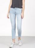 Ether Blue Skinny Fit Mid Rise Clean Look Cropped Stretchable Jeans Women