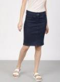 Ether Blue Solid A Line Knee Length Skirt Women