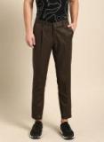 Ether Coffee Brown Slim Fit Solid Cropped Regular Trousers Men