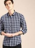 Ether Navy Blue & Olive Green Regular Fit Checked Casual Shirt Men