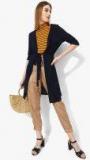 Ether Navy Blue Solid Open Front Shrug With Belt Women