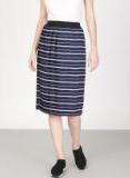 Ether Navy Blue Striped A Line Skirts Women