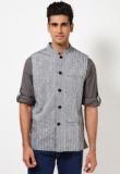 Even Linen Grey Striped Nehru Jacket Men