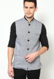 Even Linen Striped Grey Nehru Jacket Men