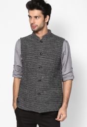 Even Striped Black Nehru Jacket Men