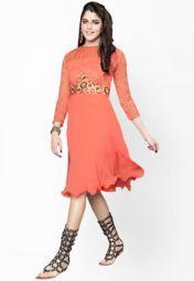 Fabdeal Orange Embroidered Dresses Women