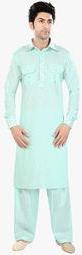 Fashion Curries Aqua Blue Solid Pathani Kurta Pyjama Men