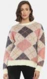 FOREVER 21 Women Off White & Pink Self Design Pullover Sweater