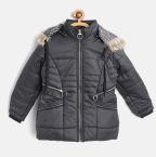 Fort Collins Black Solid Parka With Detachable Hood Girls