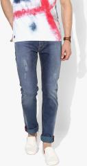 French Connection Blue Slim Fit Mid Rise Low Distress Jeans men