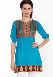 Fusion Beats Aqua Blue Embroidered Tunic Women