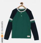 Gap Boys Green & Black Colourblocked Henley Neck Long Sleeve T Shirt Boys