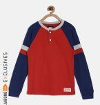 Gap Boys Maroon & Navy Blue Colourblocked Henley Neck Long Sleeve T Shirt Boys