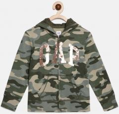 Gap Girls' Green Camouflage Printed Flippy Sequin Logo Hoodie Sweatshirt