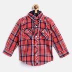 Gini and Jony Boys Coral Red & Navy Regular Fit Checked Hooded Casual Shirt