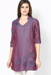 Gipsy Roll Up Sleeve Purple Embroidered Tunic Women