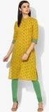 Global Desi Mustard Yellow & Green Printed Straight Kurta women