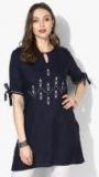 Global Desi Navy Blue & White Embroidered Tunic Women