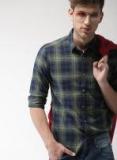 Harvard Olive Green & Navy Blue Regular Fit Checked Casual Shirt Men