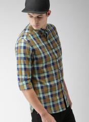 Harvard Yellow & Navy Blue Regular Fit Checked Casual Shirt men