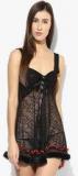 Heart 2 Heart Black Solid Babydoll With Matching Thong Women