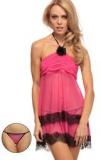 Heart 2 Heart Fuchsia With Black Lace Babydoll &Matching Thong Women