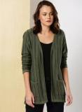 Her By Invictus Olive Green Striped Longline Front Open Sweater Women