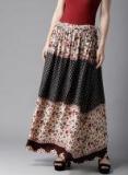 Here&now Black & Beige Printed Maxi Flared Skirt women