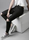 Here&now Black Skinny Fit Mid Rise Slash Knee Stretchable Cropped Jeans Women